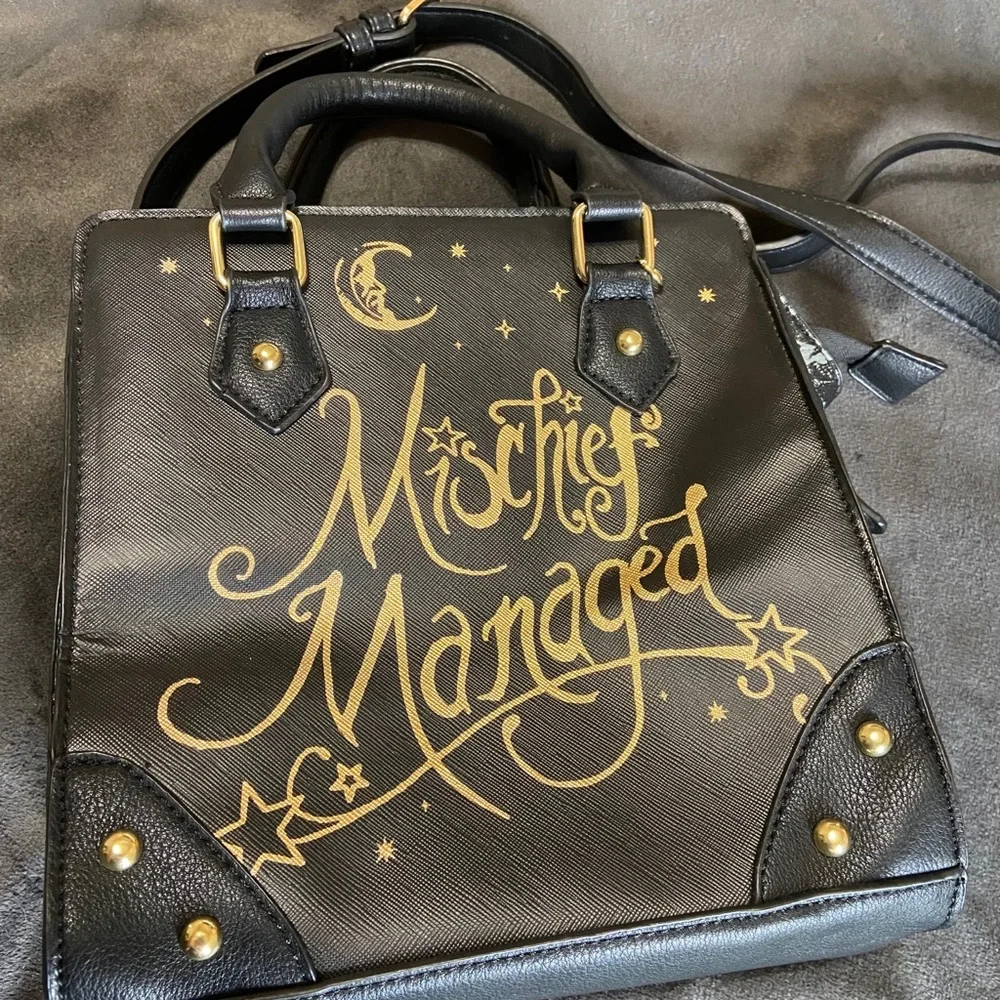 Hot Topic Black and Gold Marauder's Map Crossbody Bag - Picture 2 of 3